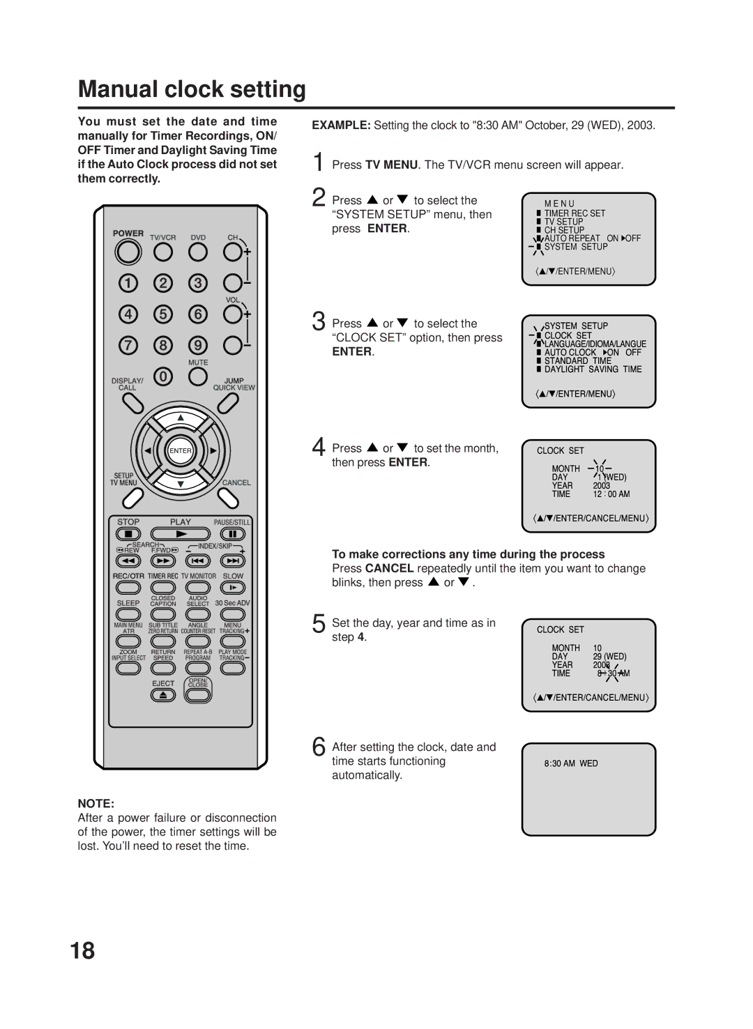 RCA 27F500TDV manual Manual clock setting, System Setup menu, then, Press To select Clock SET option, then press 