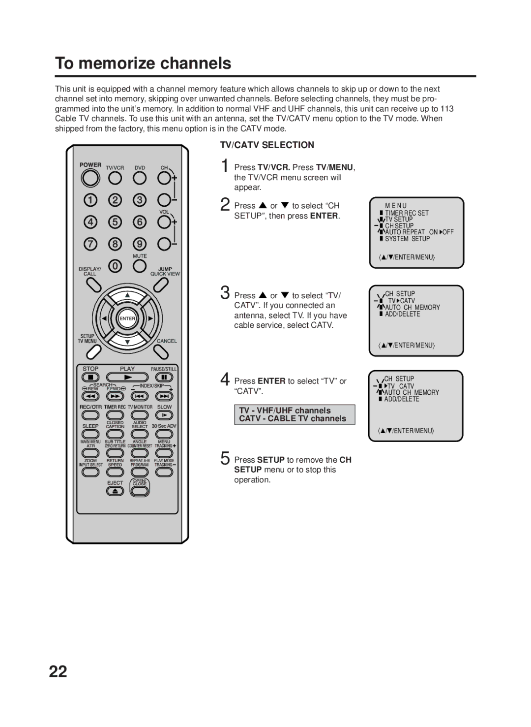 RCA 27F500TDV manual To memorize channels, TV VHF/UHF channels Catv Cable TV channels 