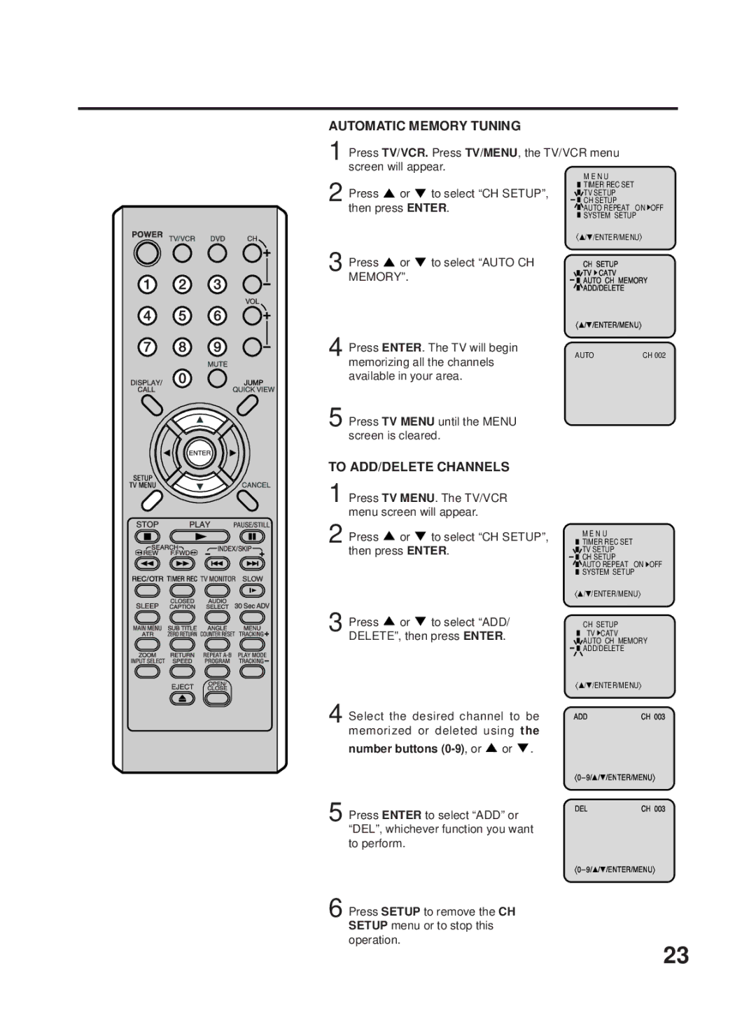 RCA 27F500TDV manual To select CH Setup, Press To select Auto CH, Number buttons 0-9, or or 