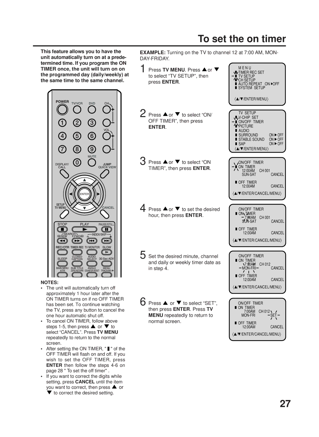 RCA 27F500TDV manual To set the on timer, Example Turning on the TV to channel 12 at 700 AM, MON 