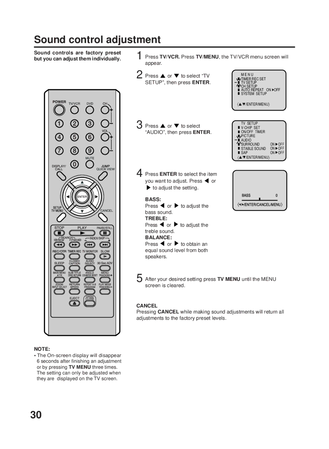 RCA 27F500TDV manual Sound control adjustment, Until the Menu, Cancel 