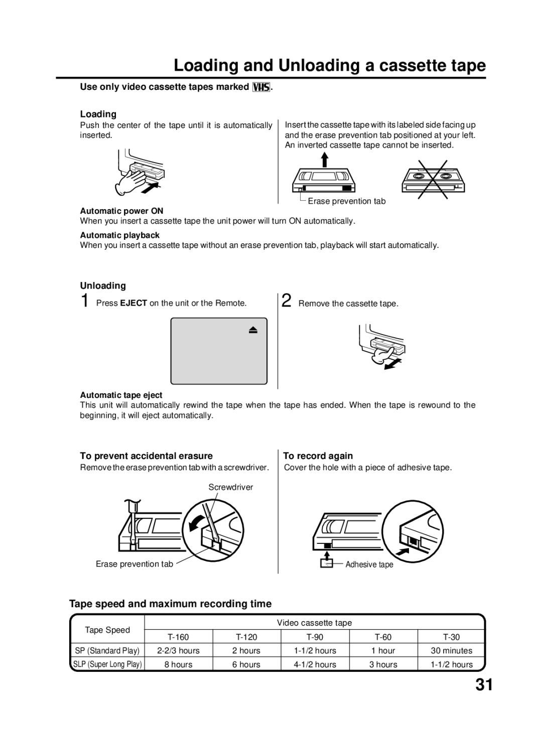 RCA 27F500TDV manual Loading and Unloading a cassette tape, Use only video cassette tapes marked Loading, To record again 