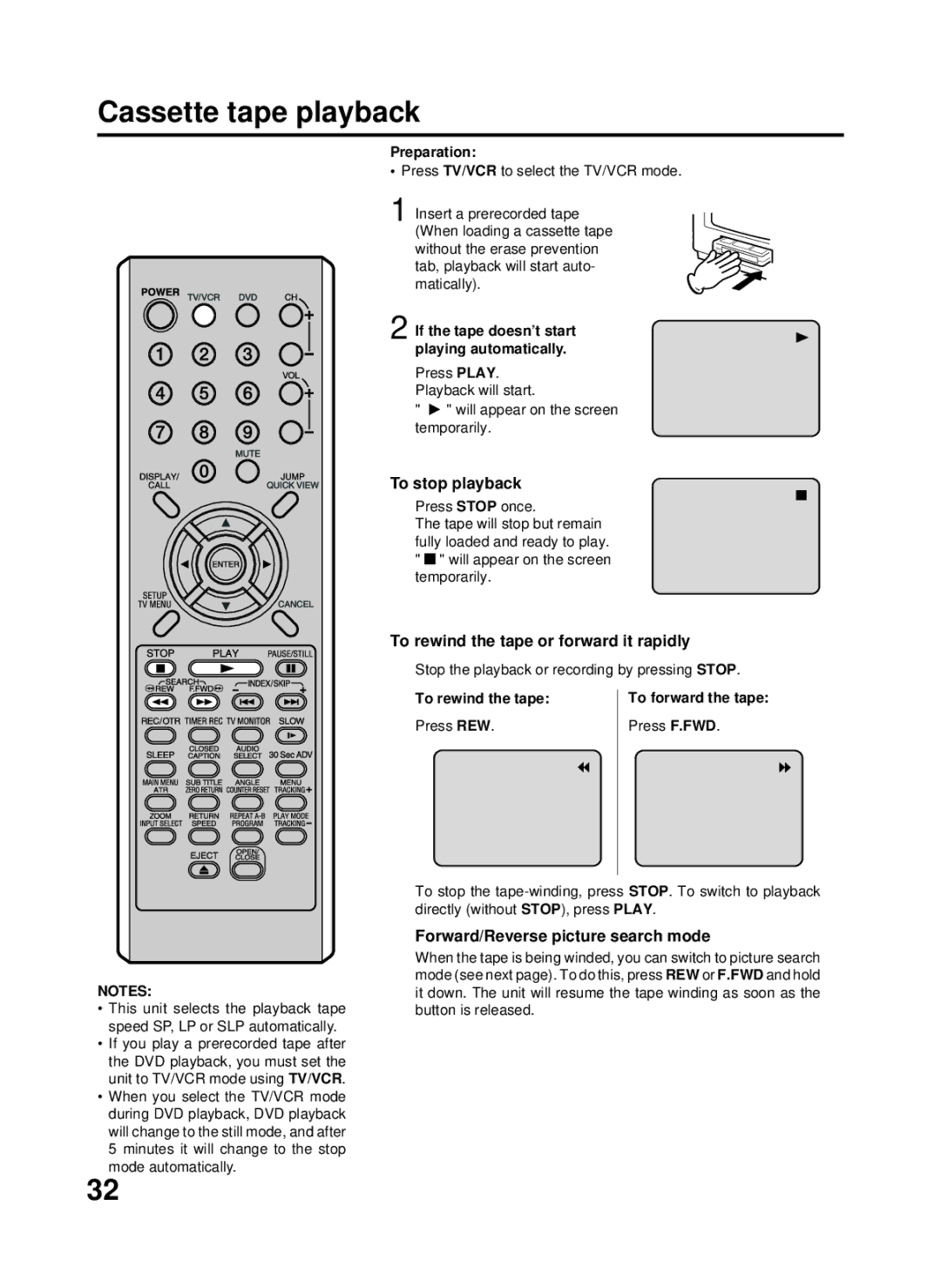 RCA 27F500TDV manual Cassette tape playback, To stop playback, To rewind the tape or forward it rapidly 