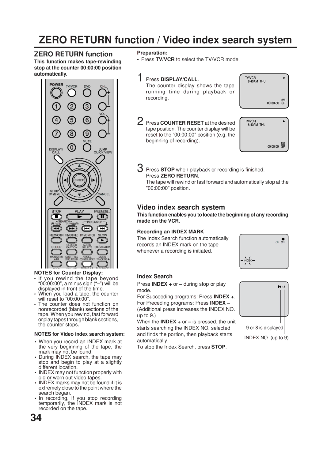 RCA 27F500TDV manual Zero Return function / Video index search system, Index Search, Press DISPLAY/CALL 