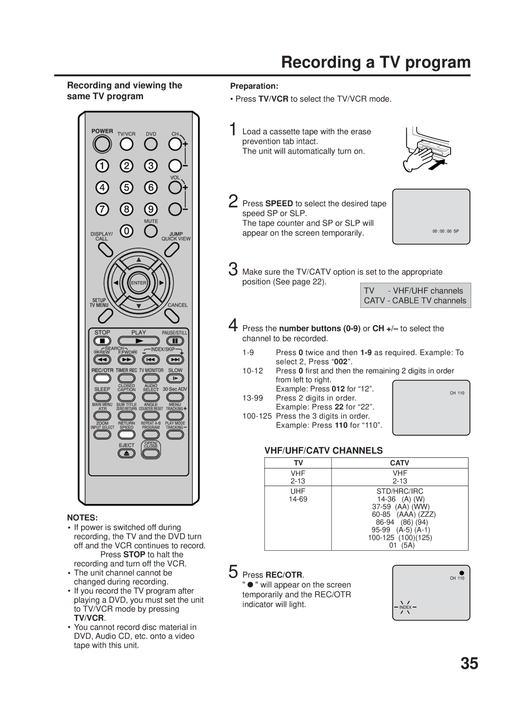 RCA 27F500TDV manual Recording a TV program, Recording and viewing the same TV program, Channel to be recorded 