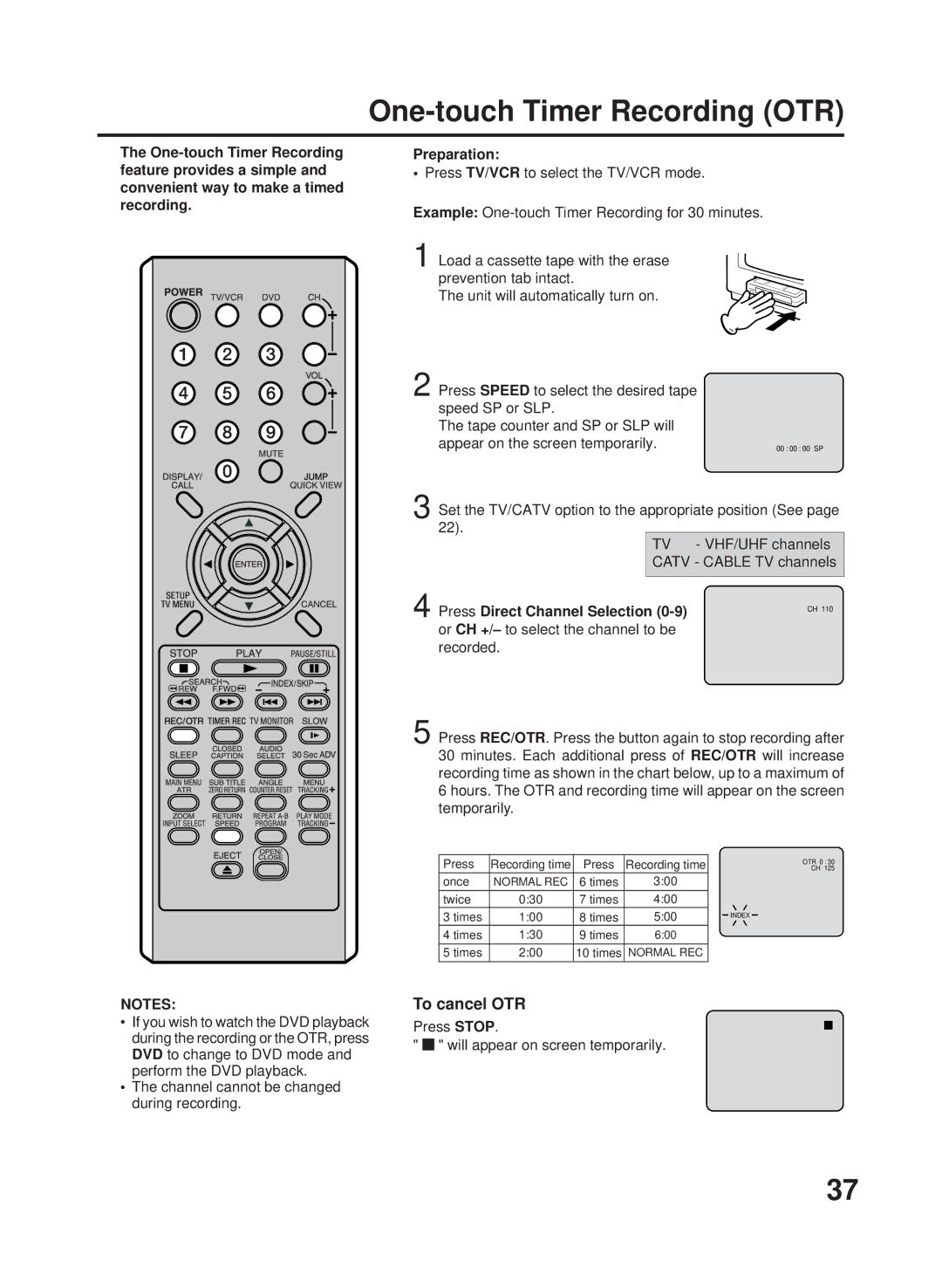 RCA 27F500TDV manual One-touch Timer Recording OTR, To cancel OTR, Channel cannot be changed during recording 