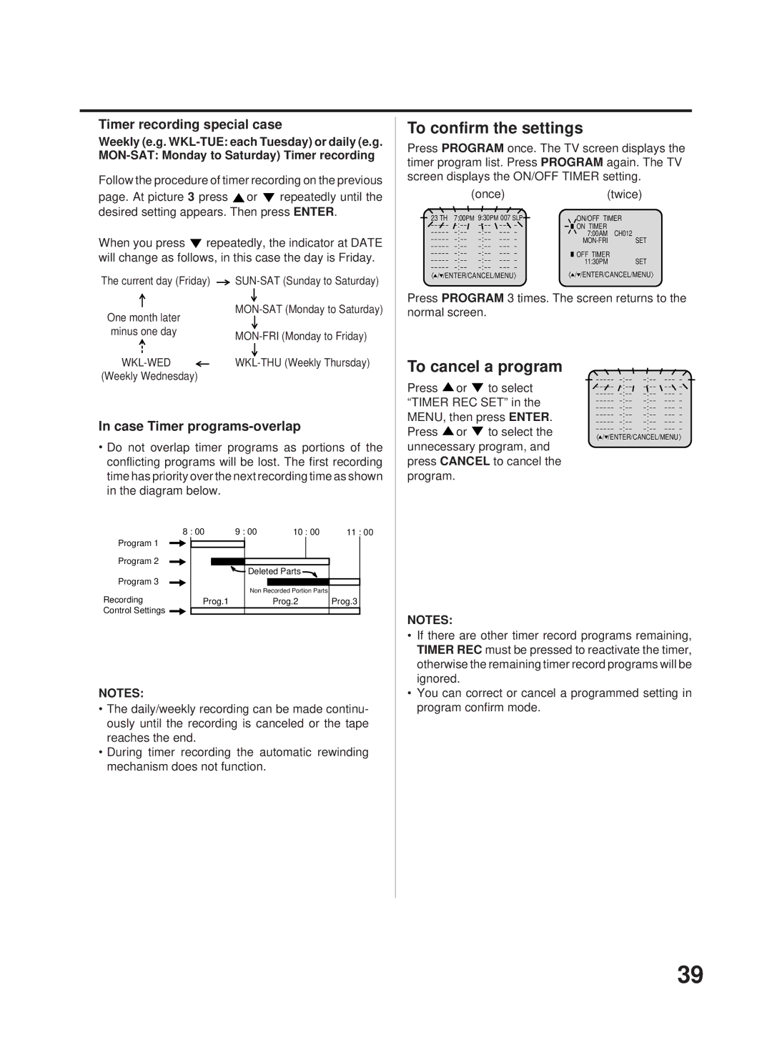 RCA 27F500TDV To confirm the settings, To cancel a program, Timer recording special case, Case Timer programs-overlap 