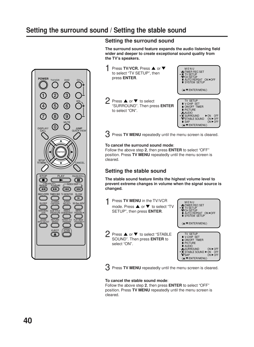 RCA 27F500TDV manual Setting the surround sound, Setting the stable sound, To cancel the surround sound mode 