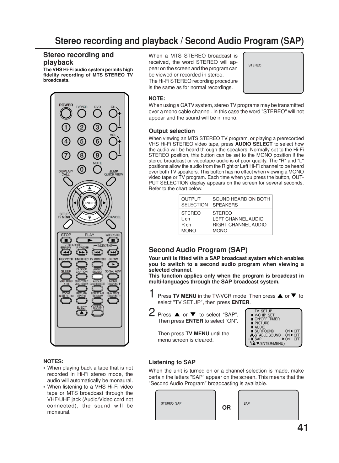 RCA 27F500TDV manual Stereo recording, Playback, Second Audio Program SAP, Output selection, Listening to SAP 