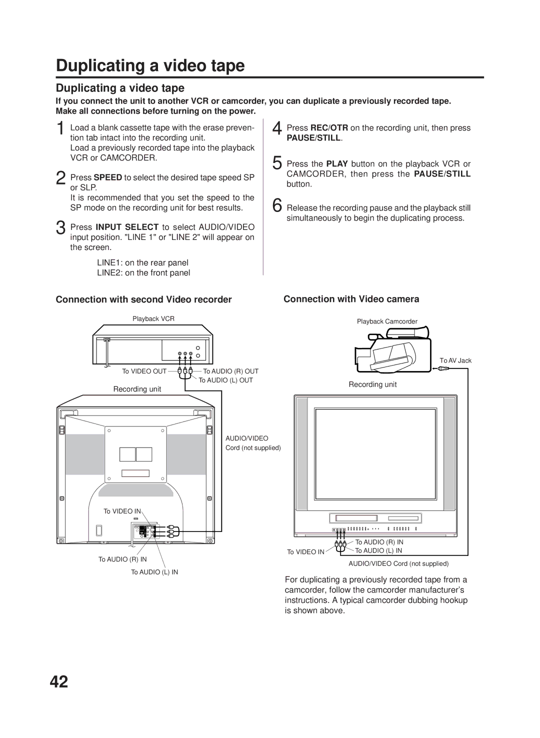 RCA 27F500TDV Duplicating a video tape, Connection with second Video recorder, Pause/Still, Connection with Video camera 