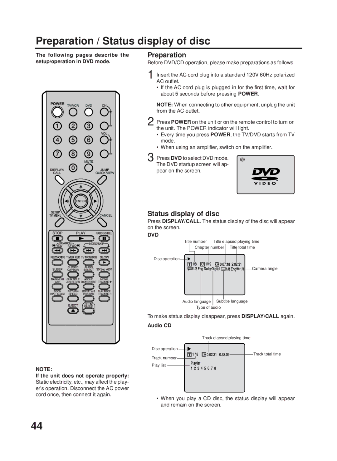 RCA 27F500TDV manual Preparation / Status display of disc, Dvd, Audio CD 