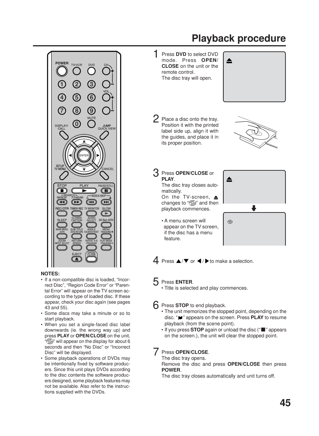 RCA 27F500TDV manual Playback procedure, Press OPEN/CLOSE or, Press OPEN/CLOSE. The disc tray opens, Power 