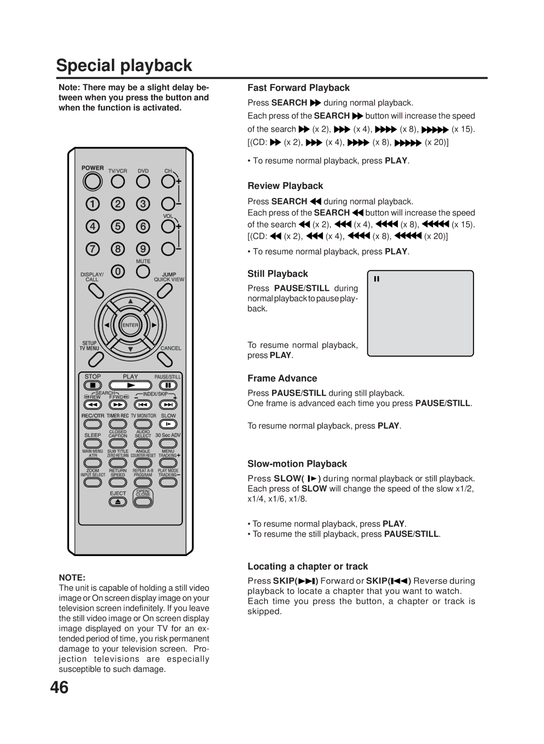 RCA 27F500TDV manual Fast Forward Playback, Review Playback, Still Playback, Frame Advance, Slow-motion Playback 