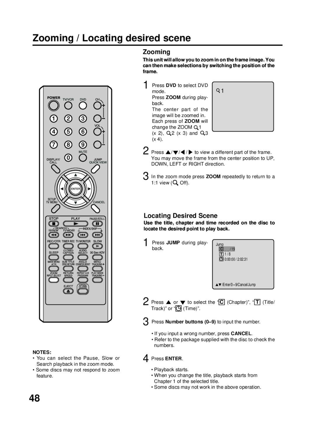 RCA 27F500TDV manual Zooming / Locating desired scene, Locating Desired Scene, Press Jump during play, Back 