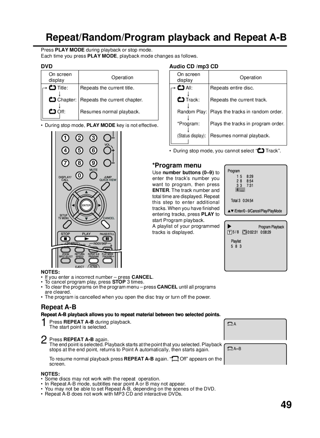 RCA 27F500TDV Repeat/Random/Program playback and Repeat A-B, Program menu, Audio CD /mp3 CD, Use number buttons 0-9 to 