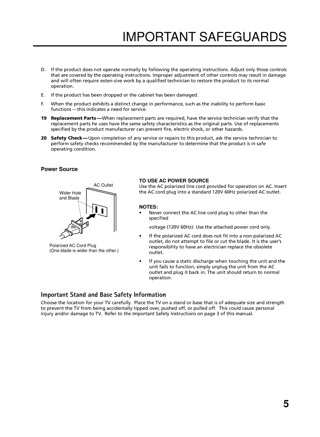 RCA 27F500TDV manual To USE AC Power Source 