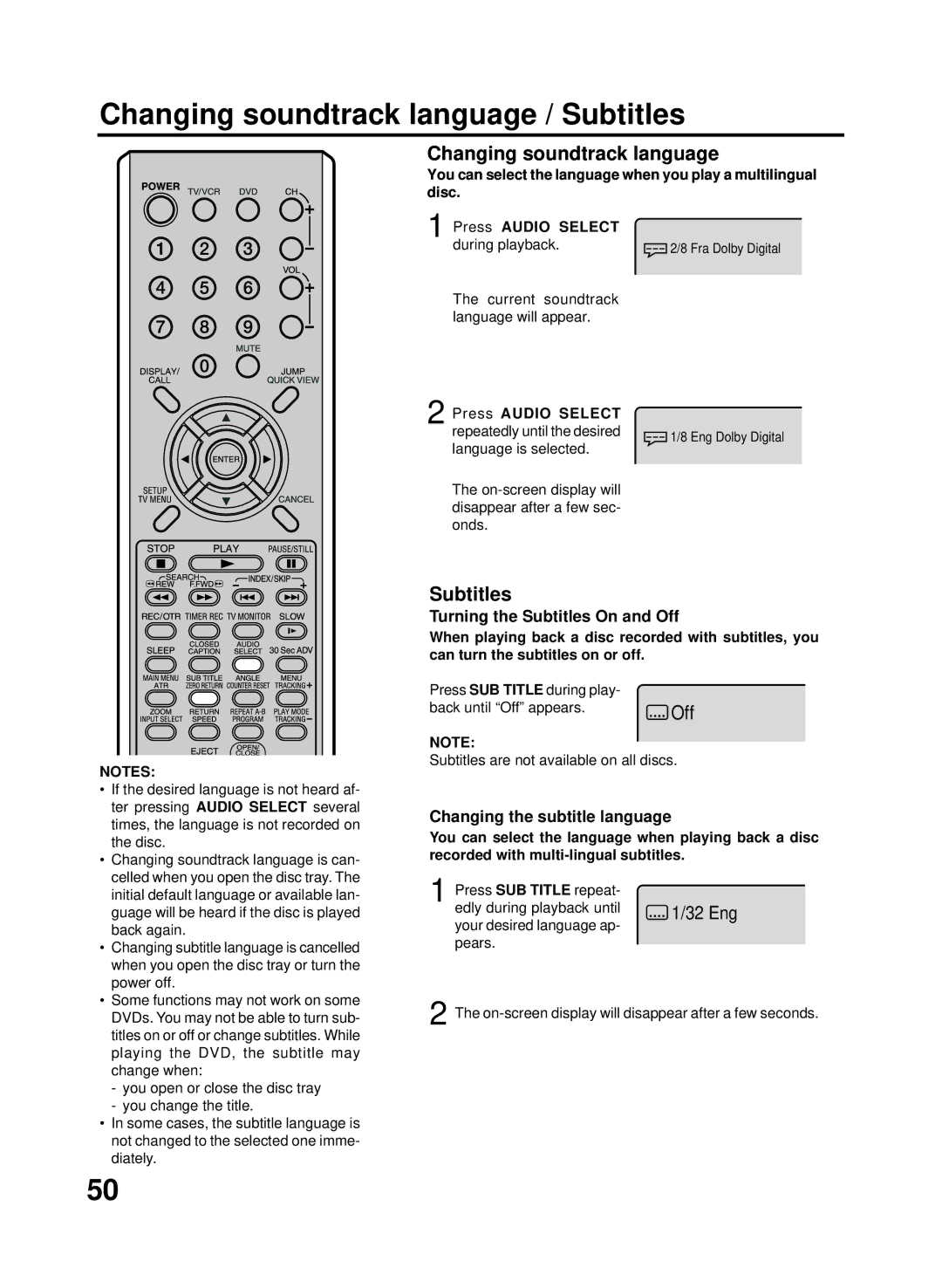 RCA 27F500TDV Changing soundtrack language / Subtitles, Turning the Subtitles On and Off, Changing the subtitle language 