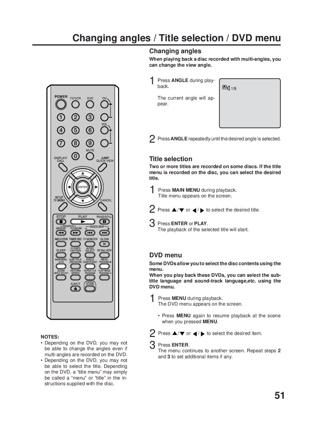 RCA 27F500TDV manual Changing angles / Title selection / DVD menu 