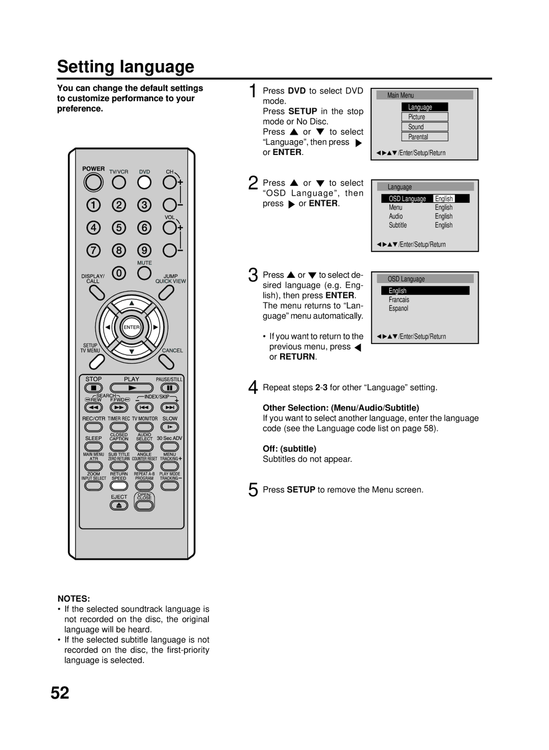 RCA 27F500TDV manual Setting language, If you want to return to the previous menu, press or Return, Off subtitle 