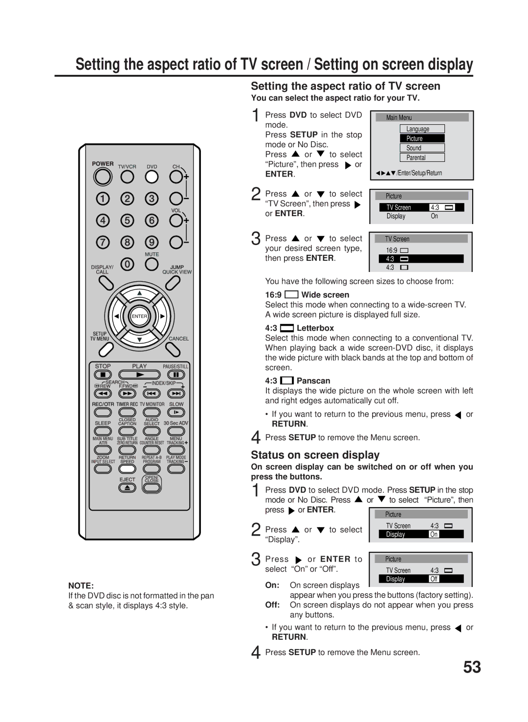 RCA 27F500TDV manual Setting the aspect ratio of TV screen, Status on screen display, Return 