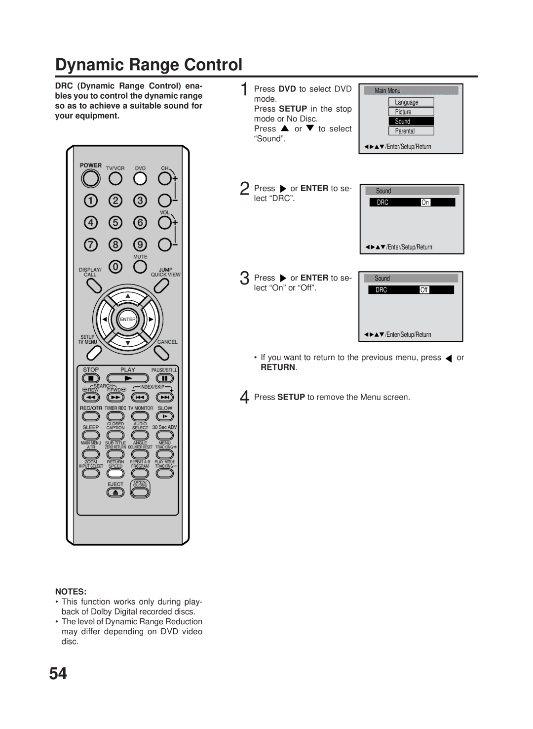 RCA 27F500TDV manual Dynamic Range Control, Press or to select Sound, Press or Enter to se- lect DRC 