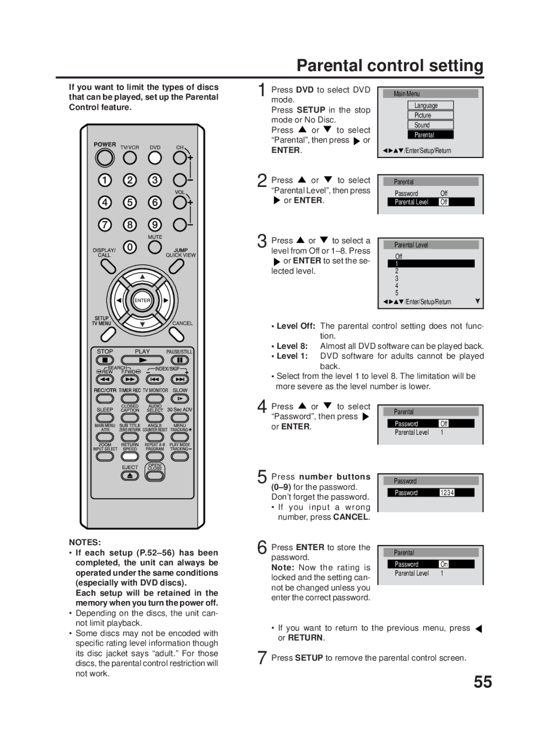 RCA 27F500TDV manual Parental control setting 