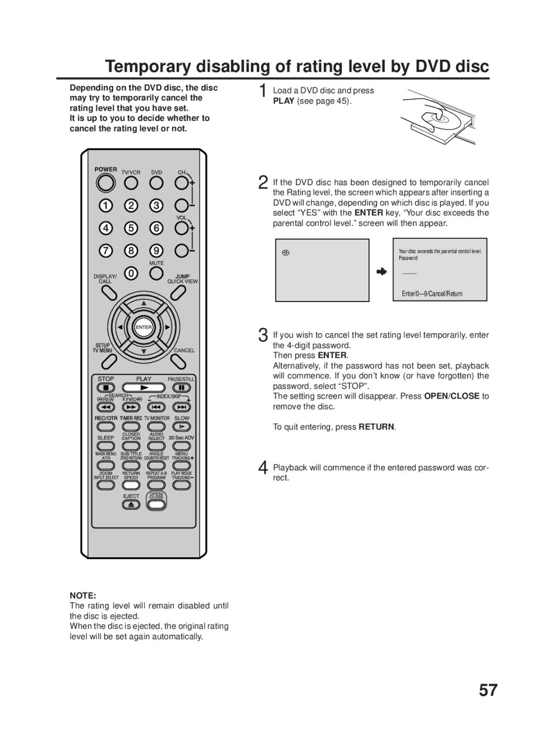 RCA 27F500TDV Temporary disabling of rating level by DVD disc, Rating level will remain disabled until the disc is ejected 