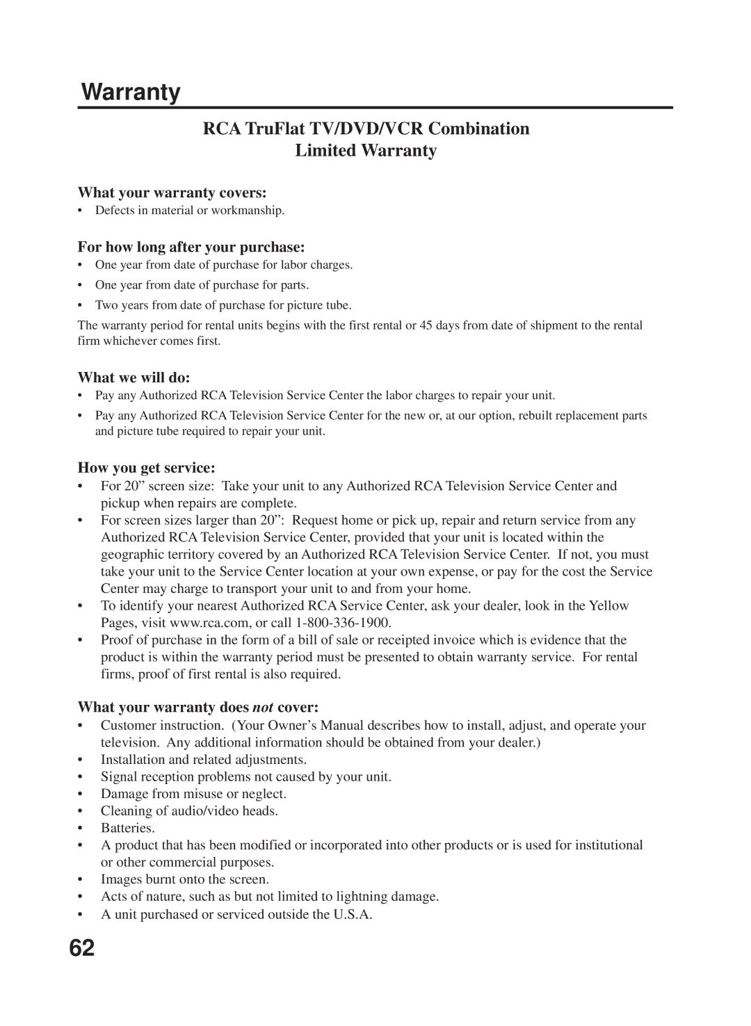 RCA 27F500TDV manual RCA TruFlat TV/DVD/VCR Combination Limited Warranty 