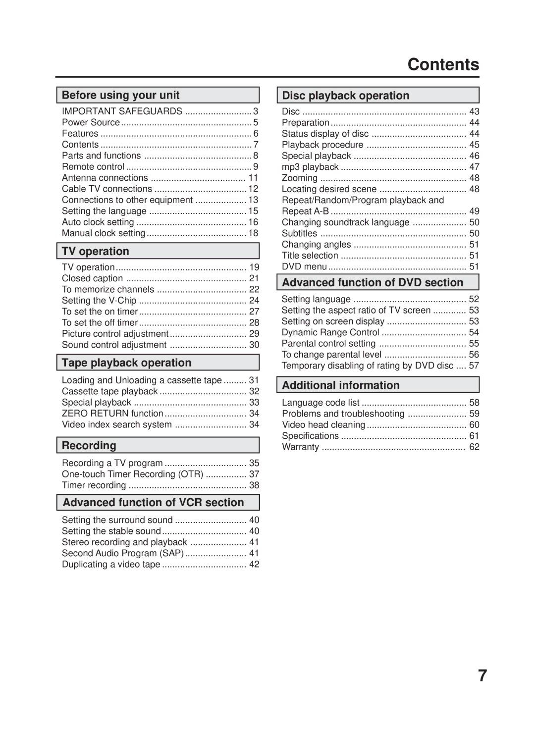 RCA 27F500TDV manual Contents 