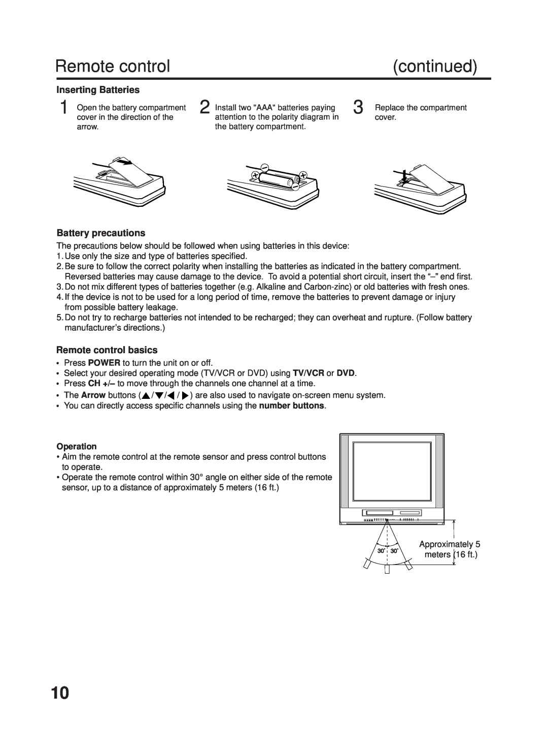 RCA 27F500TDV manual continued, Inserting Batteries, Battery precautions, Remote control basics, Operation 