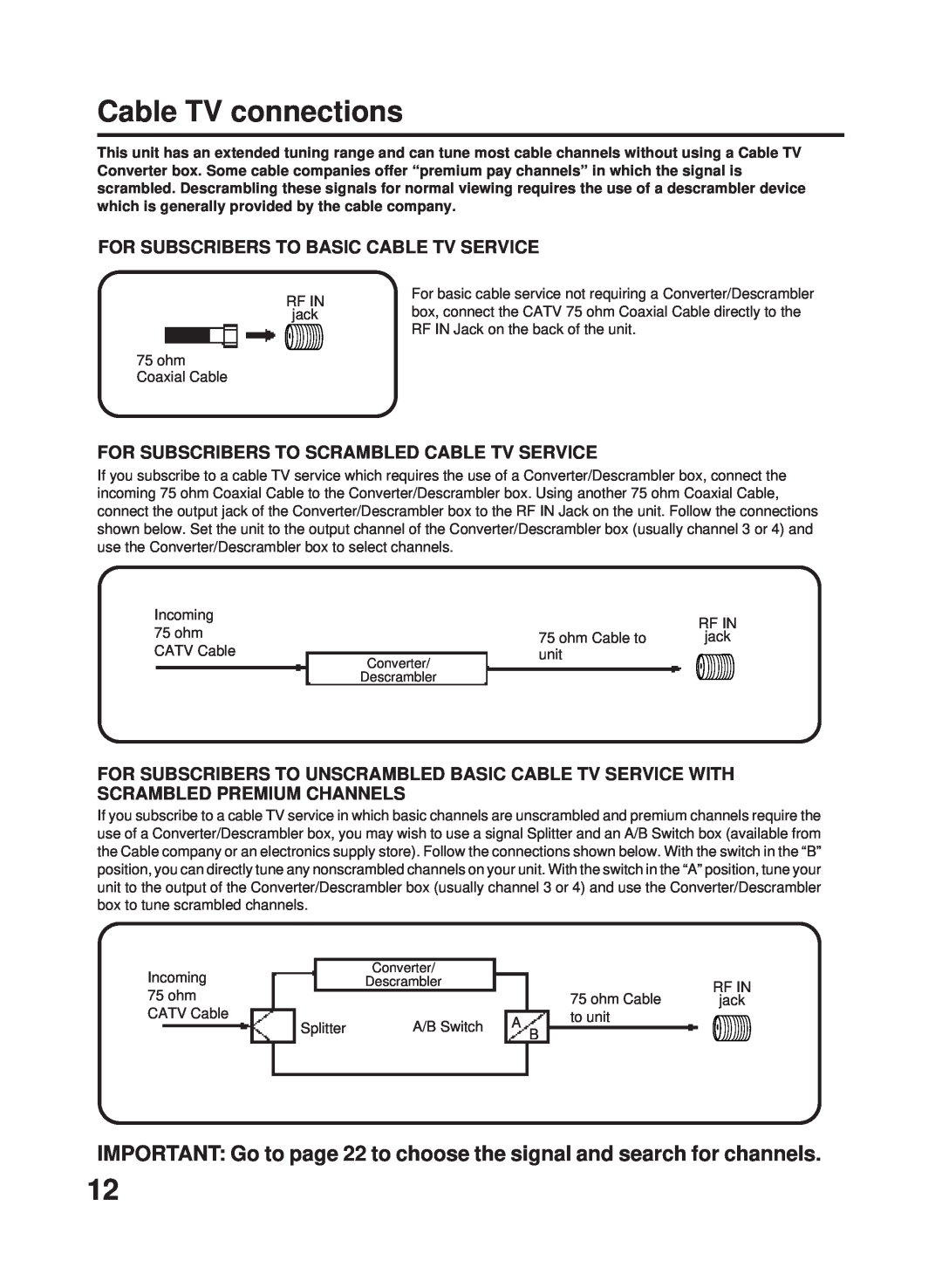 RCA 27F500TDV manual Cable TV connections, IMPORTANT Go to page 22 to choose the signal and search for channels 