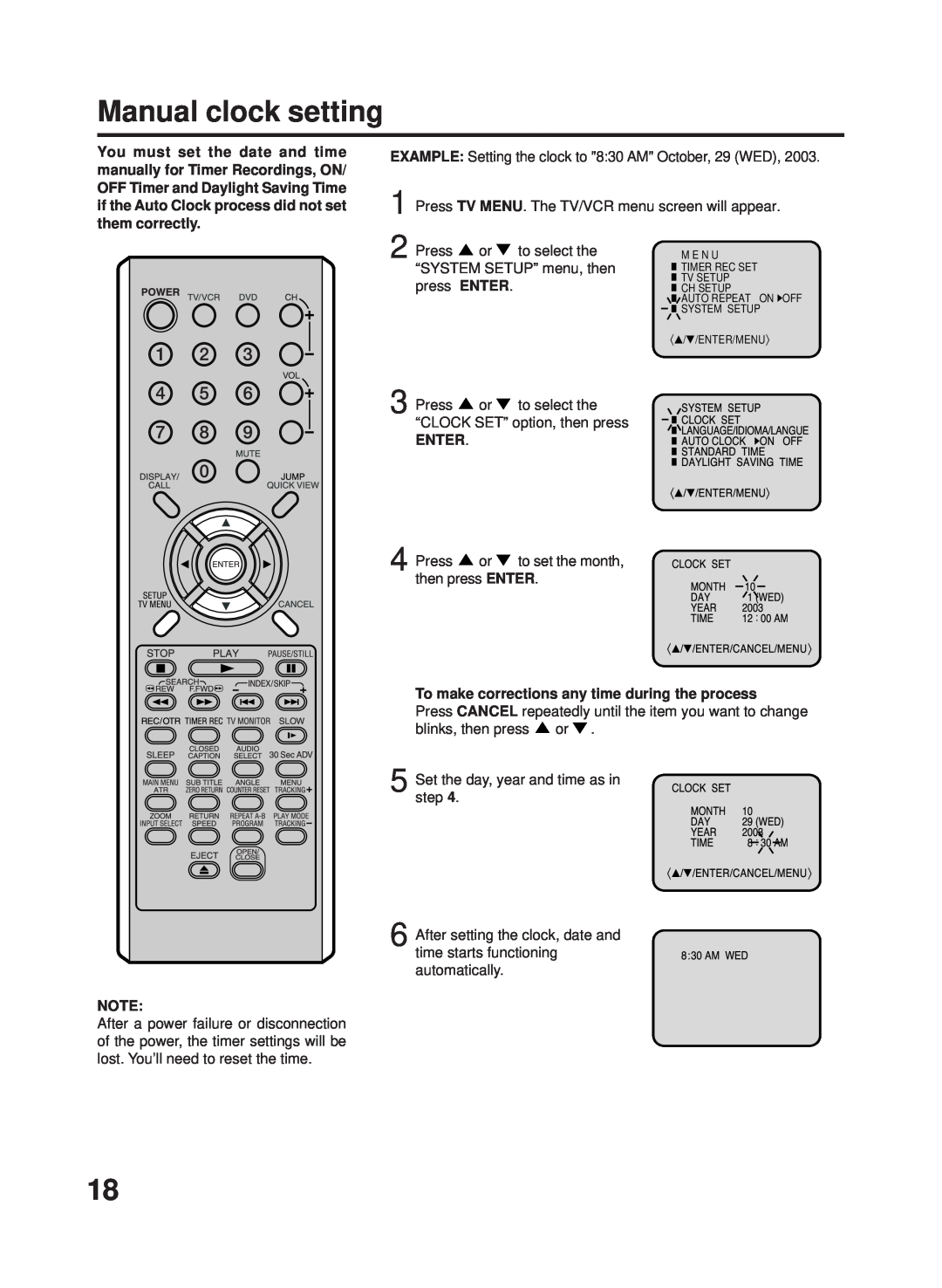 RCA 27F500TDV manual Manual clock setting, Enter, To make corrections any time duringthe process 