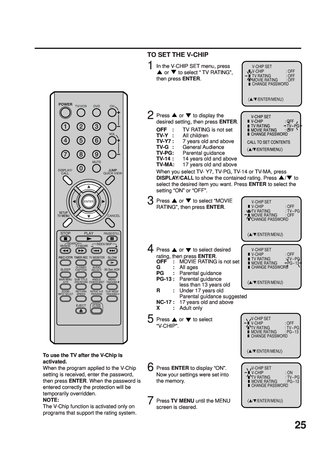 RCA 27F500TDV manual To use the TV after the V-Chip is activated, Tv-Y, TV-Y7, Tv-G, Tv-Pg, TV-14, Tv-Ma 