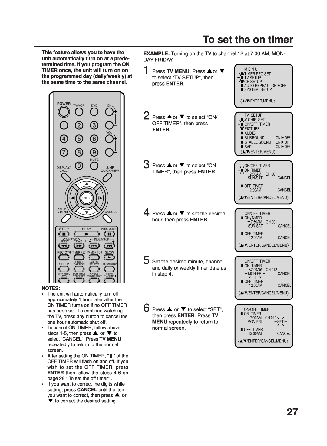 RCA 27F500TDV manual To set the on timer, EXAMPLE Turning on the TV to channel 12 at 700 AM, MON DAY-FRIDAY, Enter 