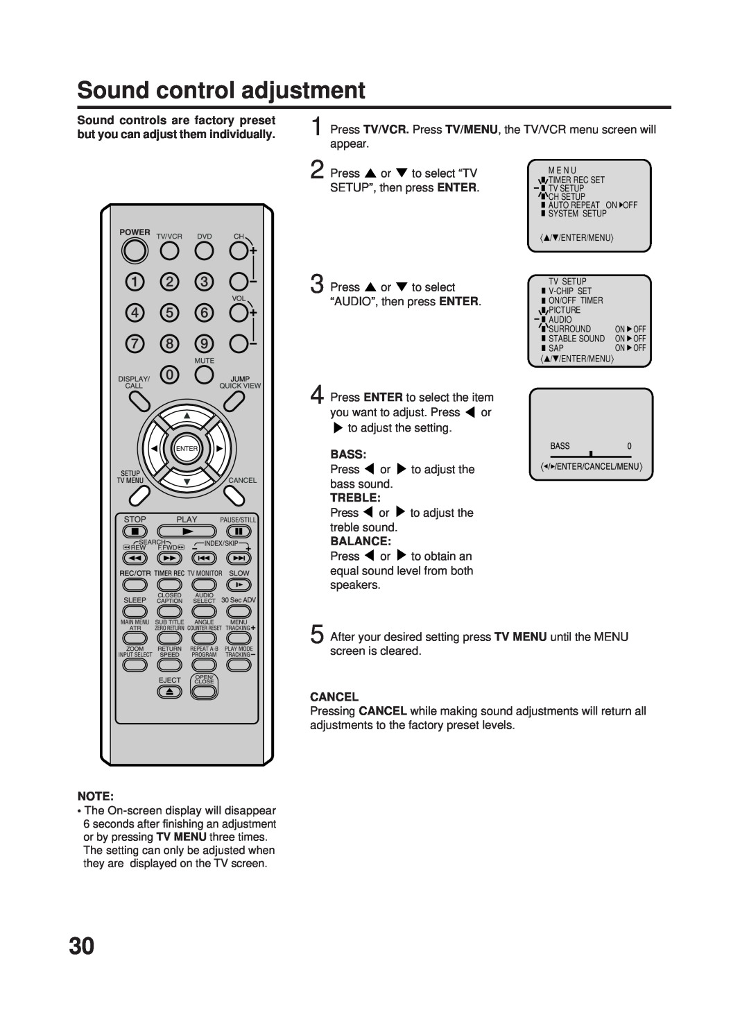 RCA 27F500TDV manual Sound control adjustment, Cancel 