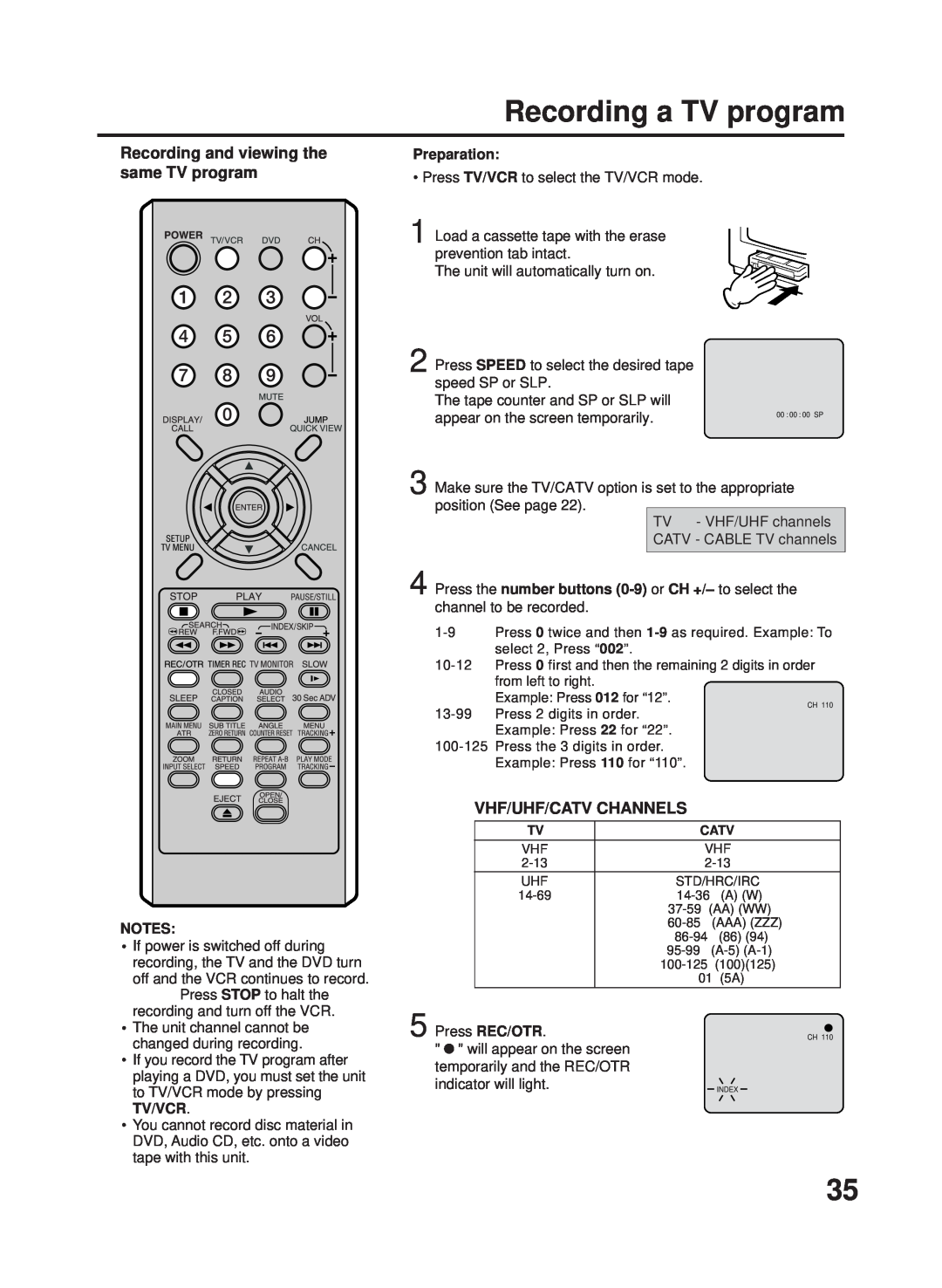 RCA 27F500TDV manual Recording a TV program, Recording and viewing the same TV program, Vhf/Uhf/Catv Channels, Preparation 
