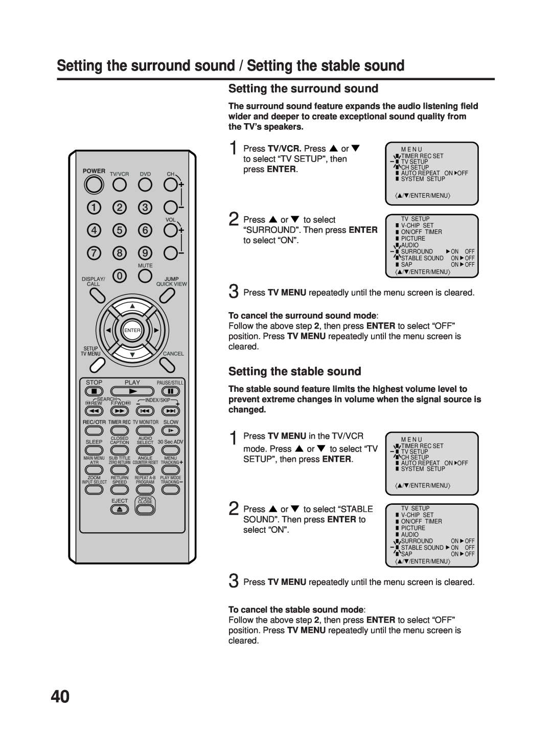 RCA 27F500TDV manual Setting the surround sound / Setting the stable sound, To cancel the surround sound mode 