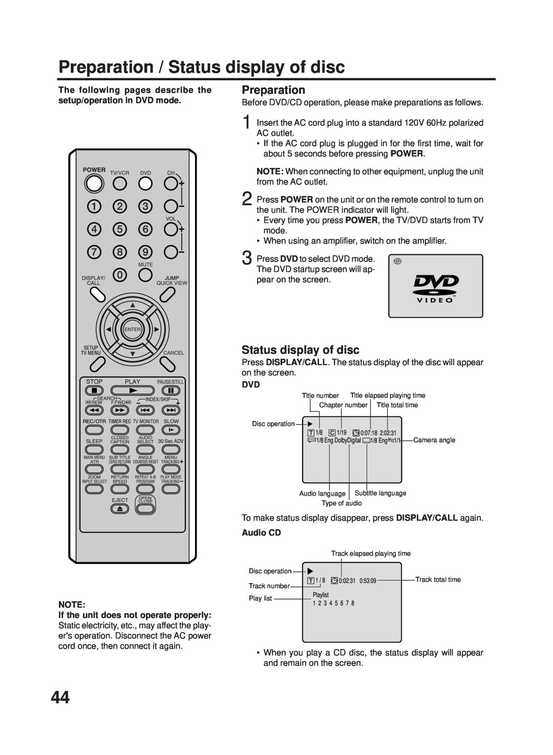 RCA 27F500TDV Preparation / Status display of disc, The following pages describe the setup/operation in DVD mode, Audio CD 