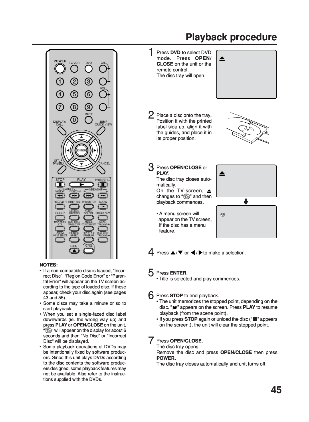 RCA 27F500TDV manual Playback procedure, Press OPEN/CLOSE or PLAY, Press OPEN/CLOSE. The disc tray opens, Power 