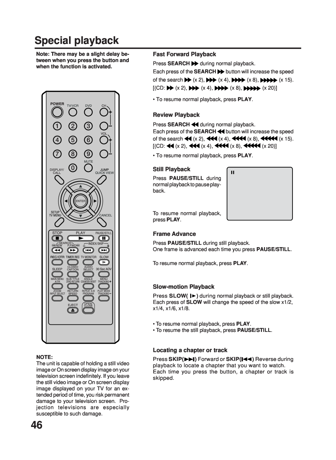RCA 27F500TDV manual Special playback, Fast Forward Playback, Review Playback, Still Playback, Frame Advance 