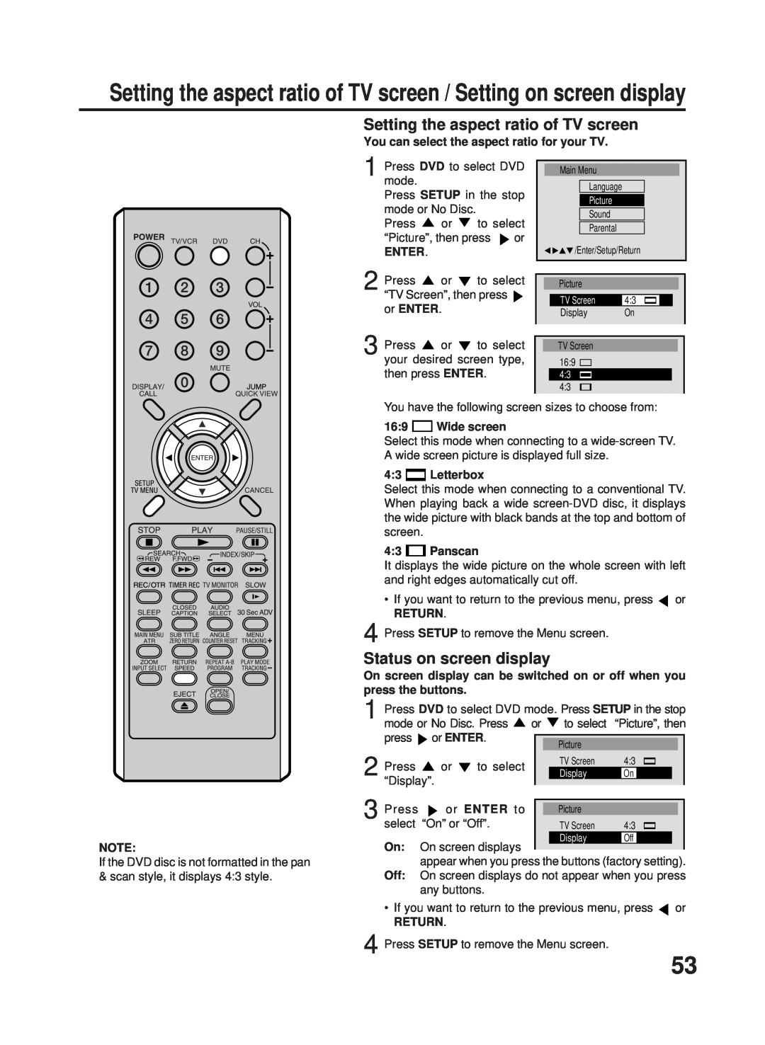 RCA 27F500TDV Setting the aspect ratio of TV screen, Status on screen display, You can select the aspect ratio for your TV 