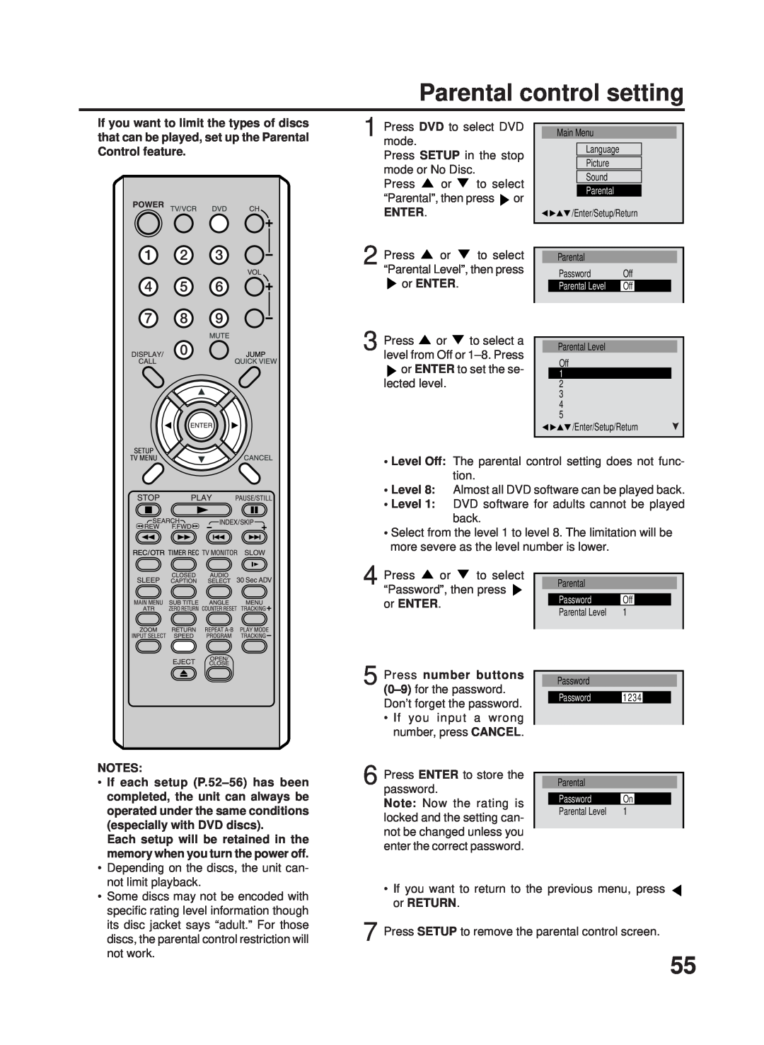 RCA 27F500TDV manual Parental control setting, Enter, If each setup P.52-56 has been, completed, the unit can always be 