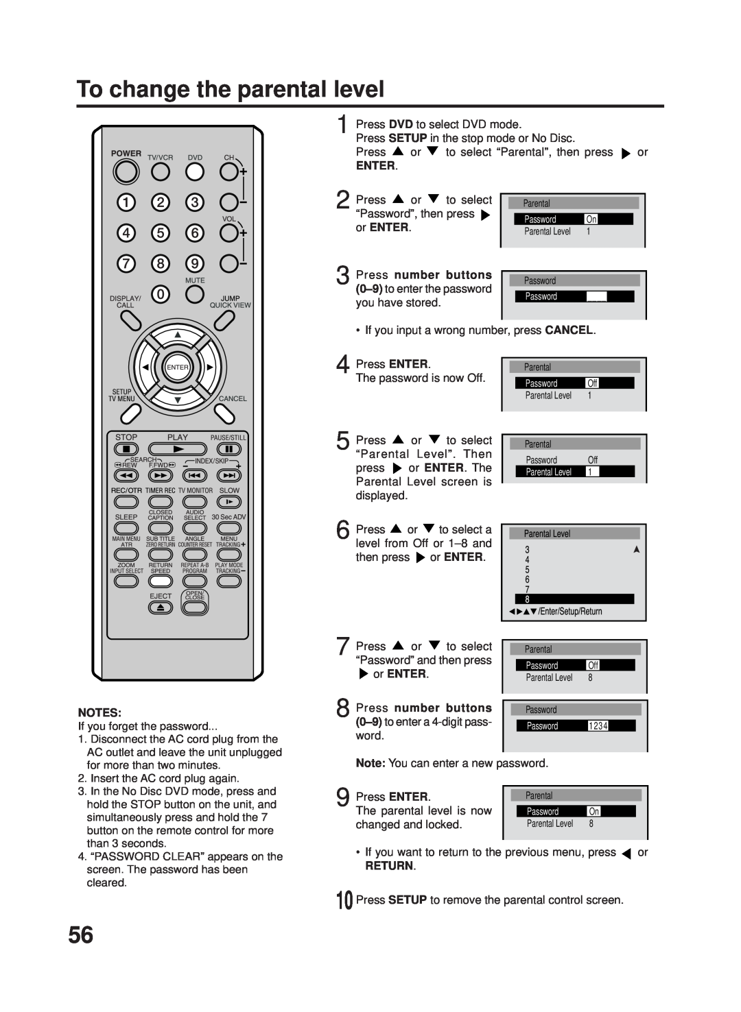 RCA 27F500TDV manual To change the parental level, Enter, or ENTER, Press number buttons, Return 