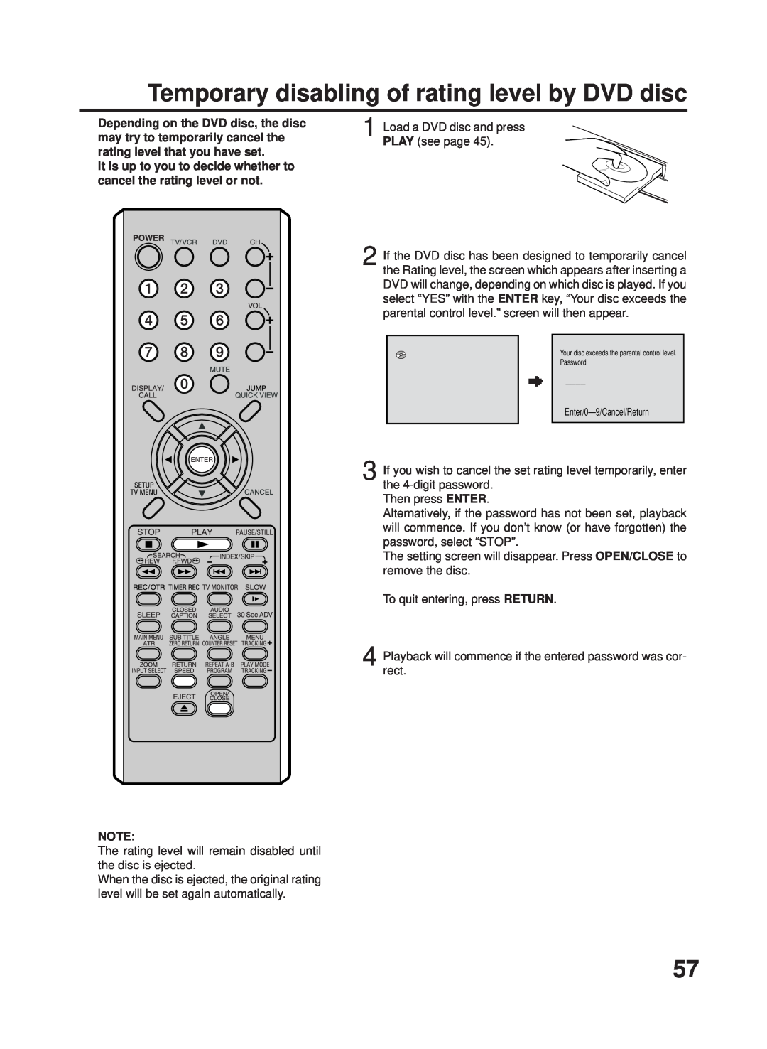 RCA 27F500TDV manual Temporary disabling of rating level by DVD disc 