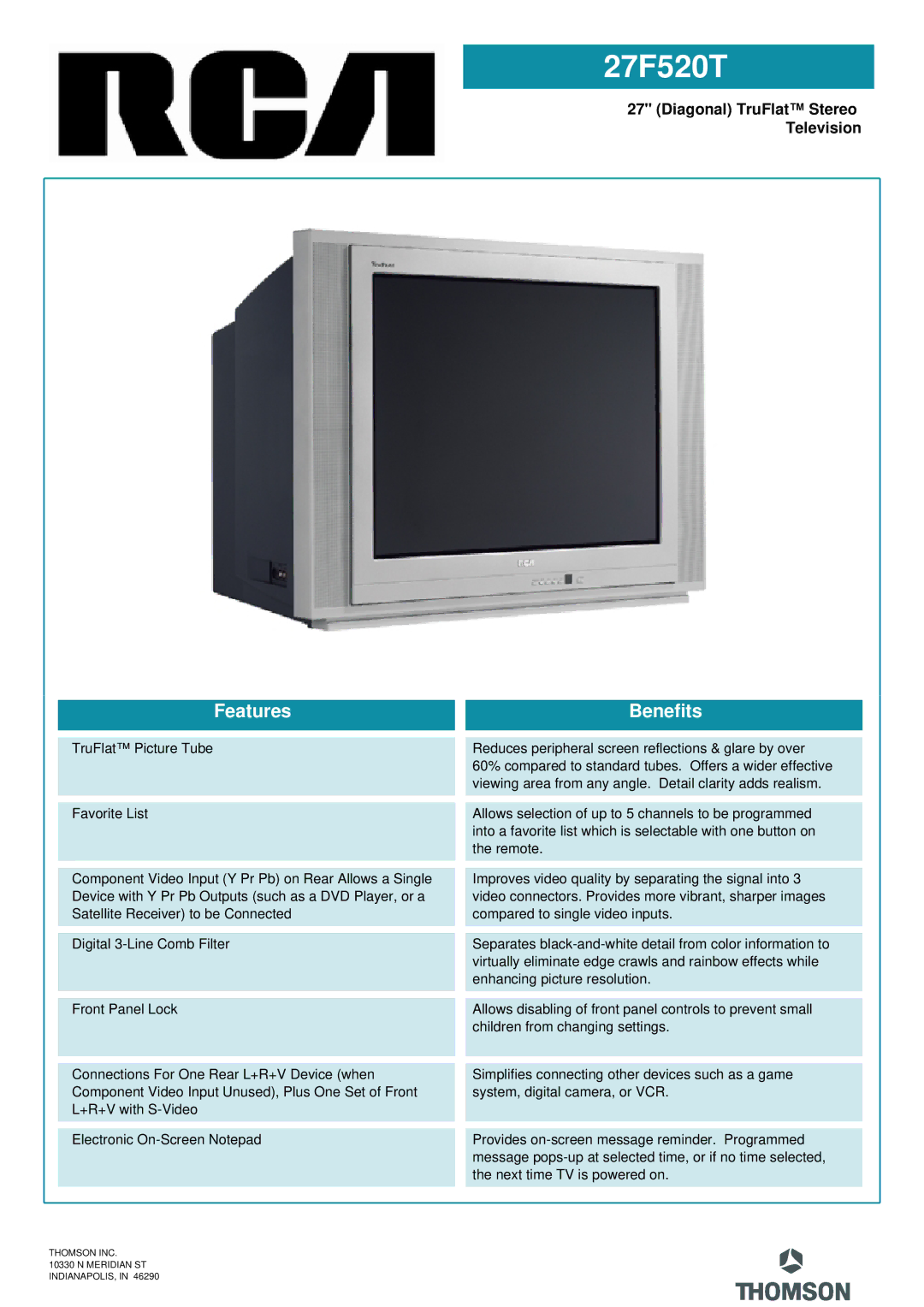 RCA 27F520T manual Features Benefits, Diagonal TruFlat Stereo Television 