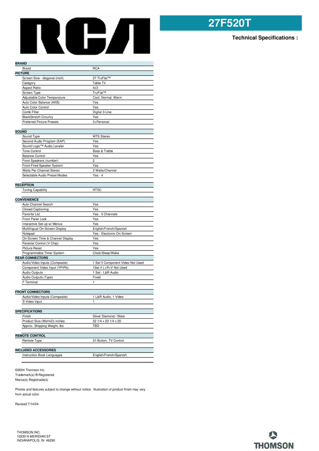 RCA 27F520T manual Technical Specifications 