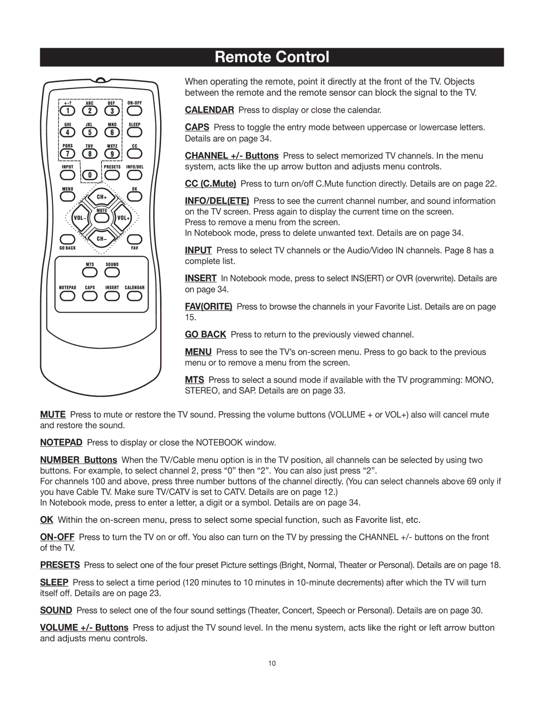 RCA 20F542T, 27F522T manual Remote Control 