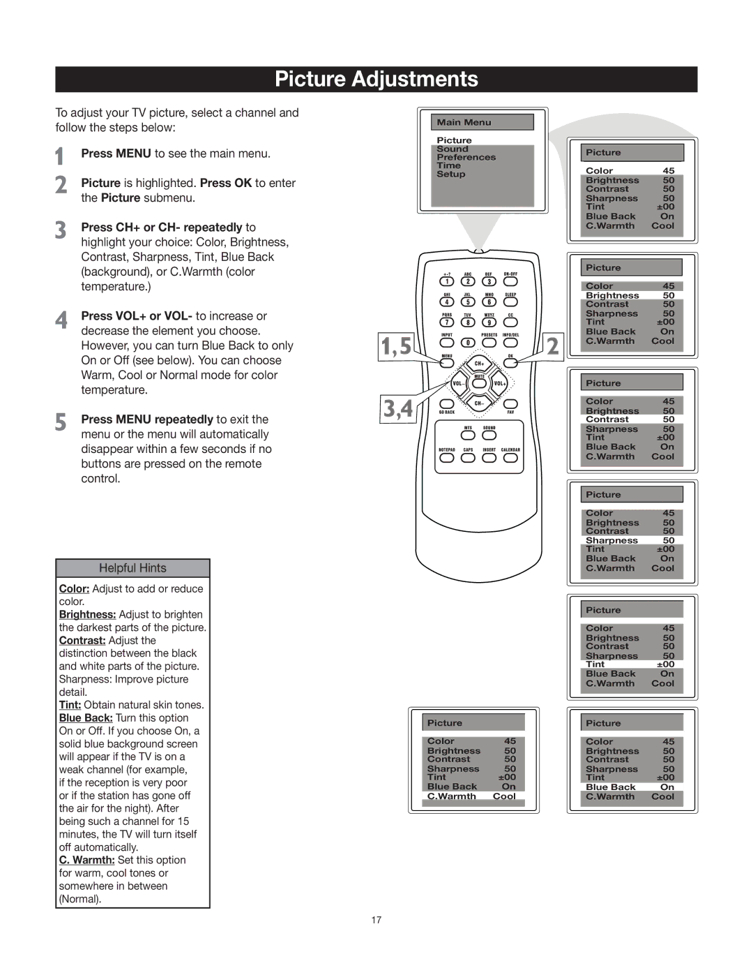 RCA 27F522T, 20F542T manual Picture Adjustments 