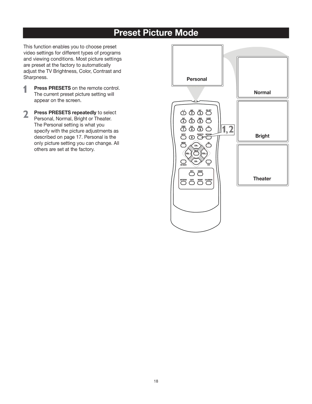 RCA 20F542T, 27F522T manual Preset Picture Mode, Press Presets repeatedly to select, Normal Bright Theater 