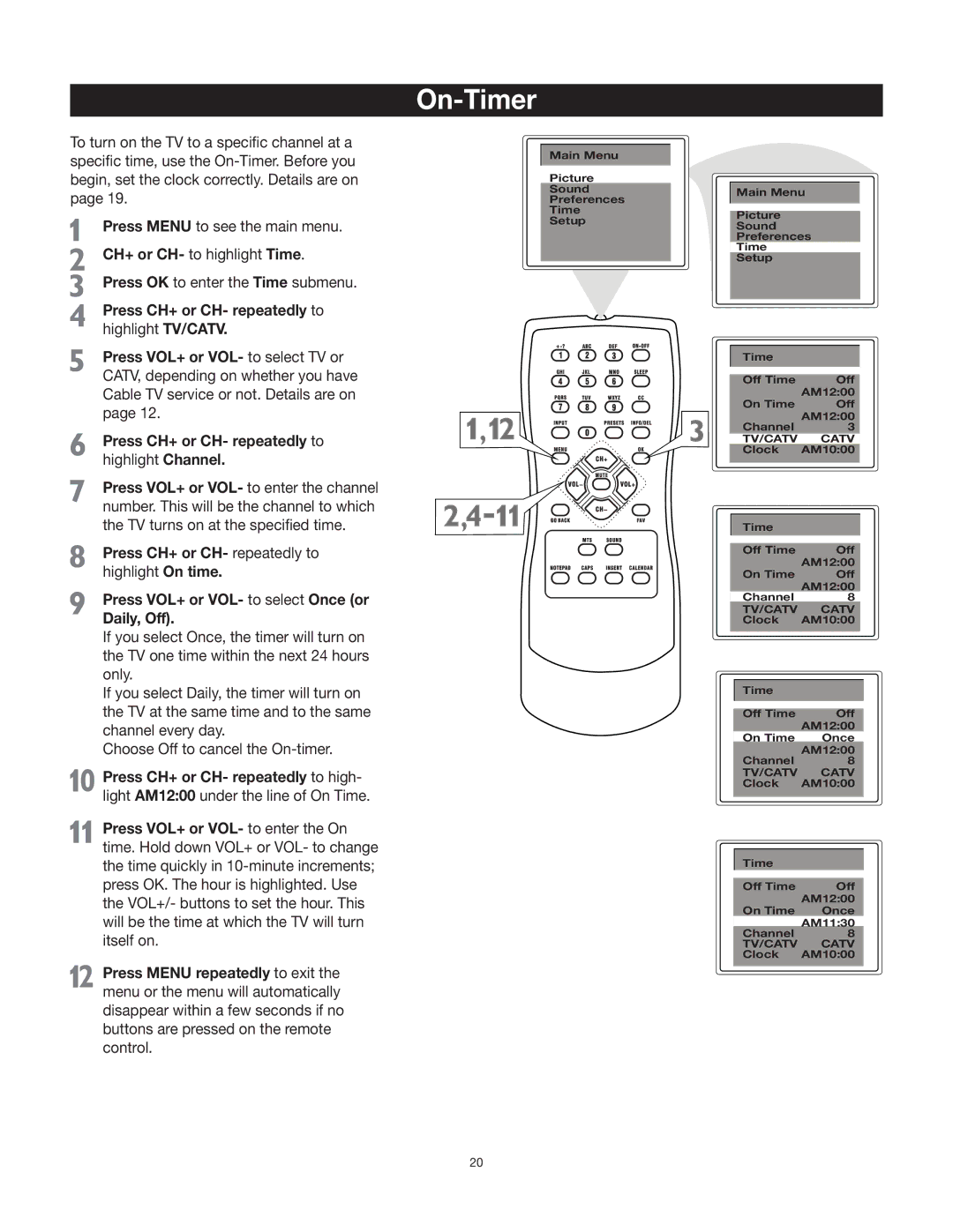 RCA 20F542T, 27F522T manual On-Timer, CH+ or CH- to highlight Time 